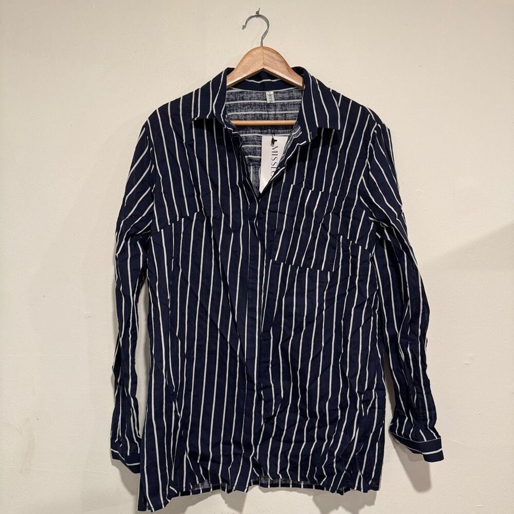 MISSLOOK Navy and White Vertical Stripe Button-Down Shirt